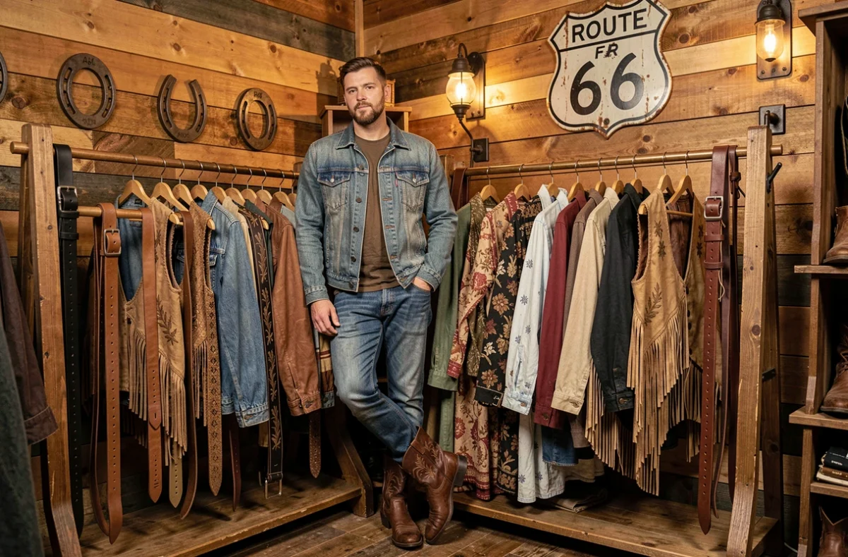 Un homme en tenue style Far West pose dans ADN Vintage, friperie rennaise à l'ambiance western