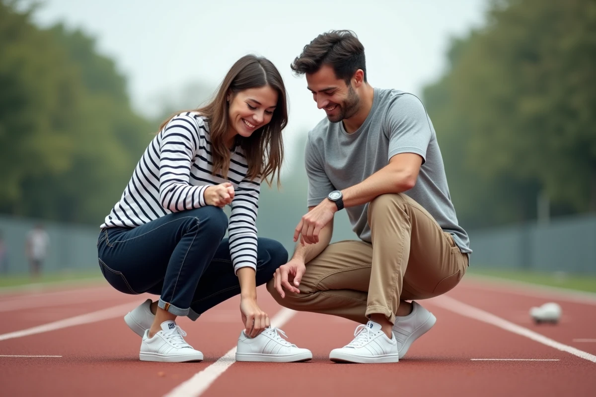 Deux amis examinant l'ajustement d'une chaussure Adidas sur un terrain de sport pour évaluer la bonne taille