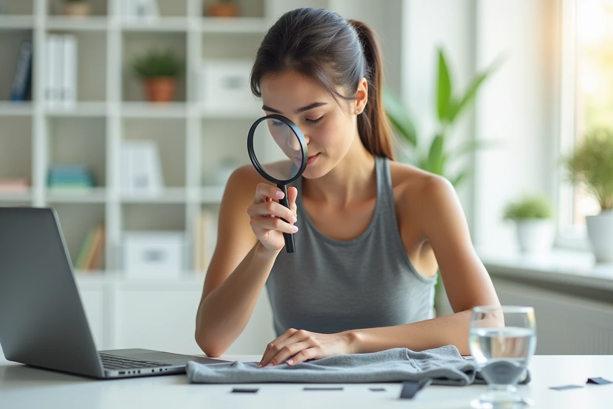 Femme analysant à la loupe une étiquette de matières sur un vêtement Thehalara à son bureau