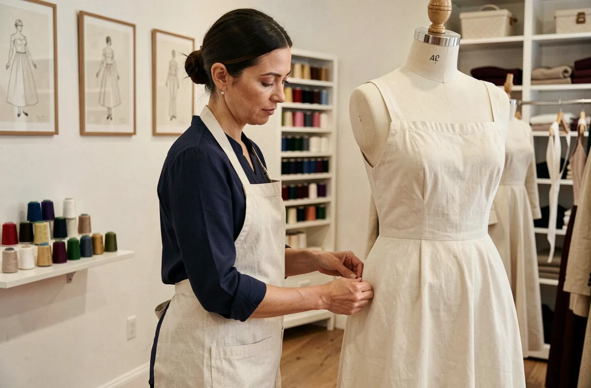 Couturière experte épinglant l'ourlet d'une robe de soirée dans l'atelier Anne-lise Couture à Bordeaux