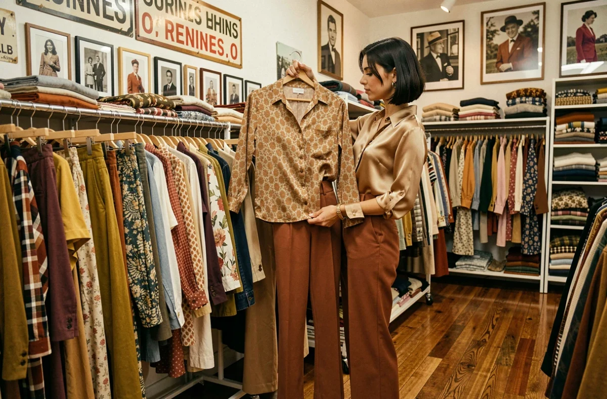Une femme en tenue vintage années 70 inspecte des vêtements dans la friperie emblématique Antoine et Colette à Rennes