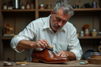 Homme appliquant de la cire à chaussures sur un Oxford en cuir avec une brosse usée sur un établi de cordonnier