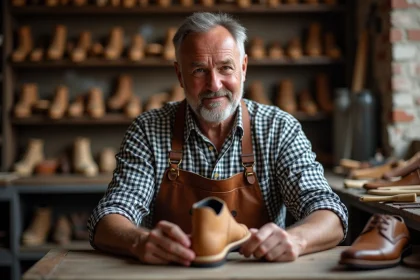 Artisan cordonnier inspectant une forme en bois dans son atelier