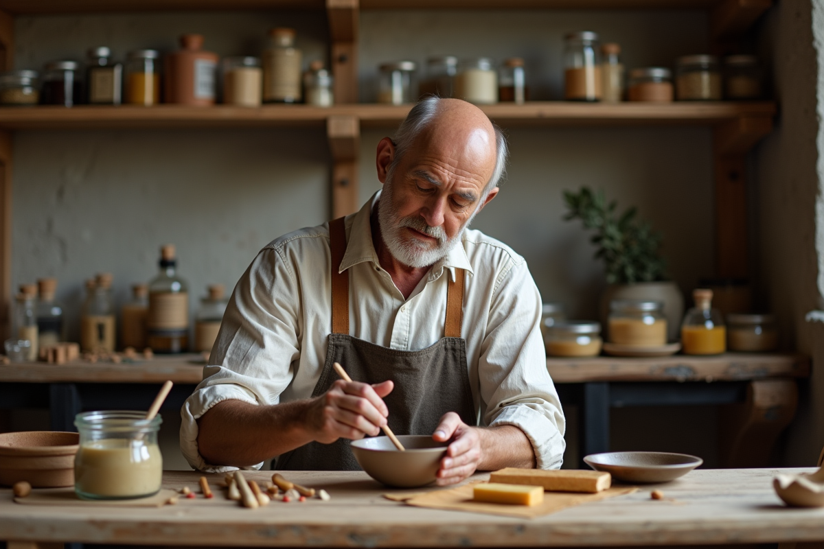 Artisan mélangeant huiles et cires dans un atelier rustique