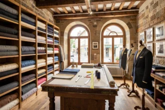 Atelier de tailleur en Auvergne-Rhône-Alpes avec tissus, mannequins et outils de couture sur mesure