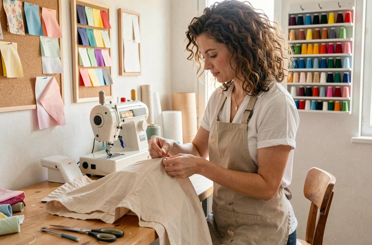Couturière effectuant une retouche sur un vêtement dans son atelier Au Fil de Flo à Valence