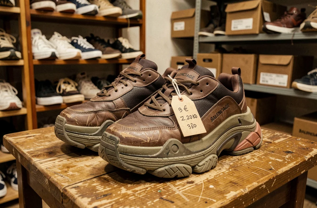 Paire de sneakers Balenciaga Triple S usagées posées sur une table en bois dans une boutique de seconde main avec étiquette de prix manuscrite