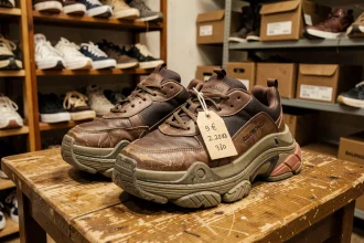 Paire de sneakers Balenciaga Triple S usagées posées sur une table en bois dans une boutique de seconde main avec étiquette de prix manuscrite
