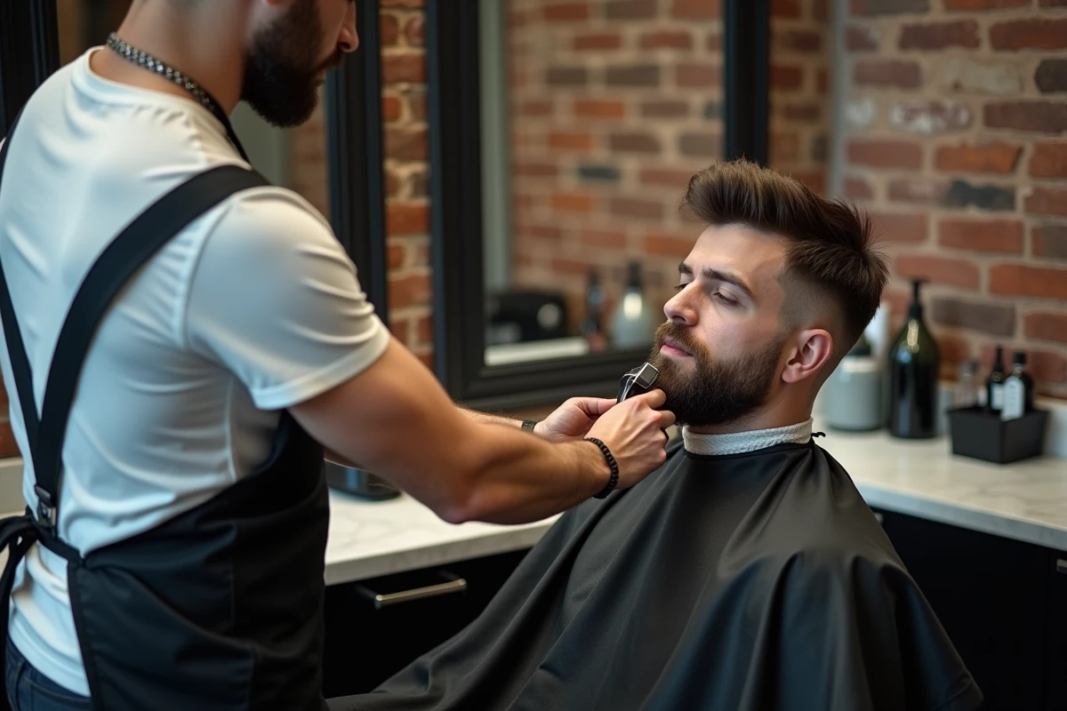 Barbier alignant la nuque et les pattes d'un client avec un taper bas et une barbe structurée dans un salon moderne