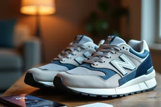 Paire de baskets New Balance gris et blanc posée sur une table en bois avec une étiquette de prix et un smartphone affichant une promotion The Bradery