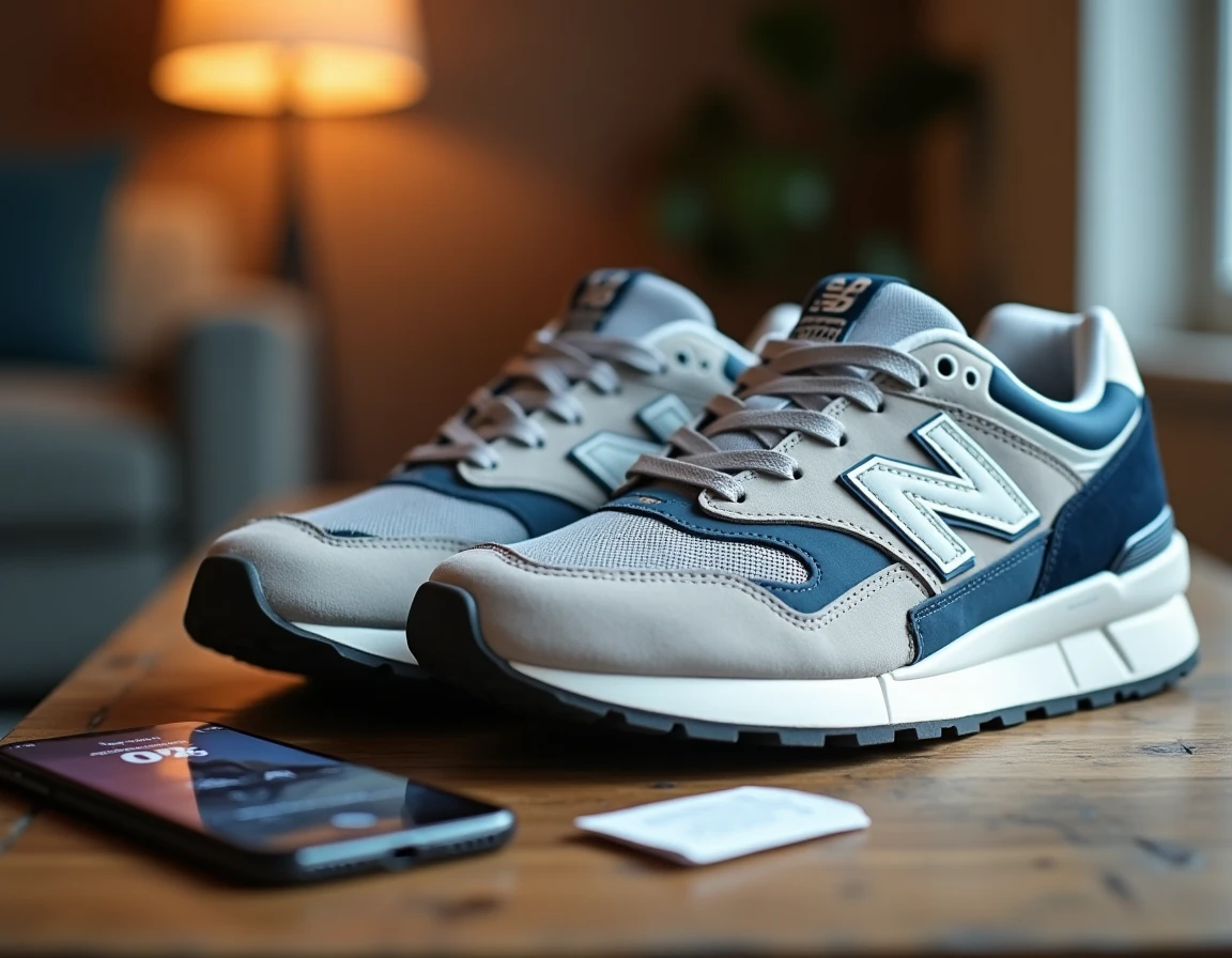 Paire de baskets New Balance gris et blanc posée sur une table en bois avec une étiquette de prix et un smartphone affichant une promotion The Bradery
