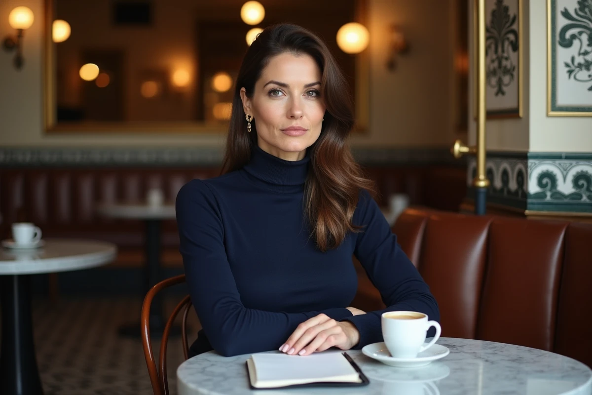 Béatrice Vonderweidt assise dans une brasserie parisienne, portrait intime et élégant en col roulé marine