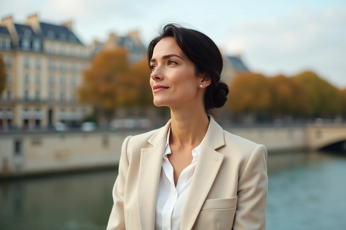 Béatrice Vonderweidt en blazer crème près de la Seine à Paris, portrait éditorial 3/4