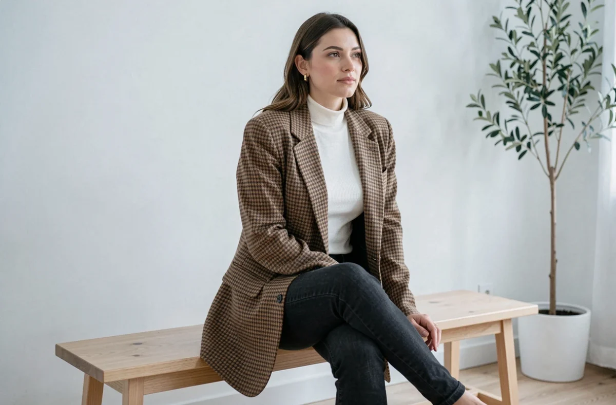 Femme en blazer oversize camel à carreaux sur jean slim, look équilibré et structuré en intérieur minimaliste