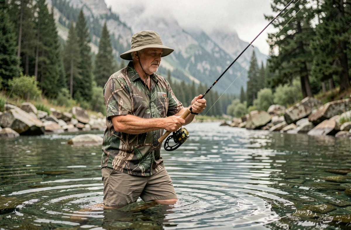 Homme avec un bob de protection solaire pratiquant la pêche à la mouche en rivière de montagne