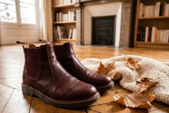 Bottines Chelsea en cuir bordeaux posées sur un parquet en chêne avec des feuilles d'automne, tendances chaussures automne-hiver