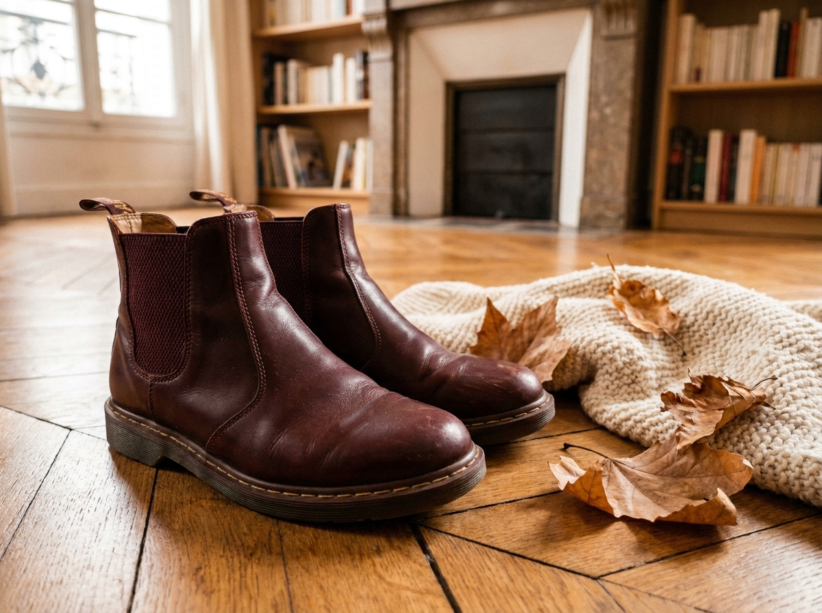 Bottines Chelsea en cuir bordeaux posées sur un parquet en chêne avec des feuilles d'automne, tendances chaussures automne-hiver