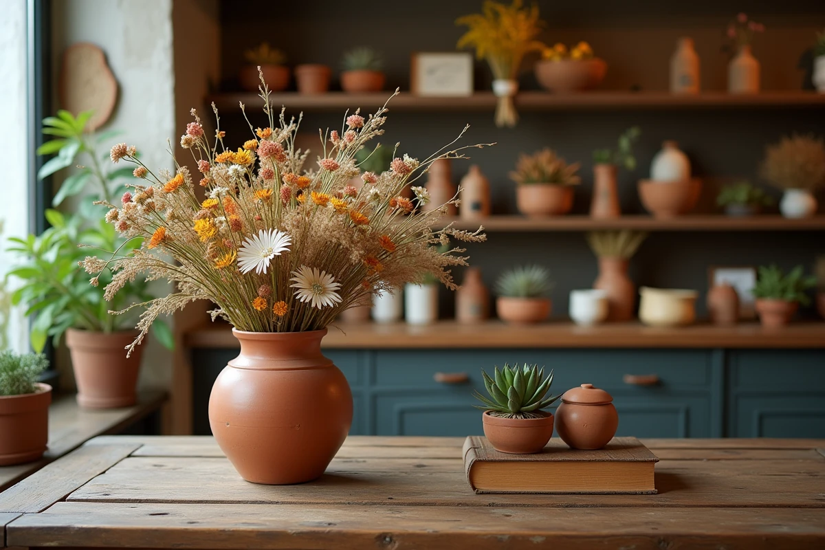 Bouquet de fleurs séchées et objets de décoration vintage sur une table en bois dans une boutique Djadjas