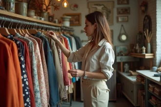Femme parcourant des vêtements vintage sur un portant dans une boutique de fripes Djadjas