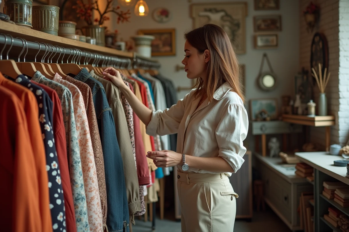 Femme parcourant des vêtements vintage sur un portant dans une boutique de fripes Djadjas
