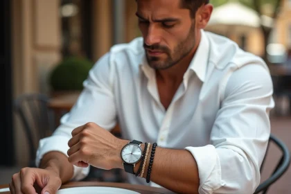 Homme portant un bracelet perle discret associé à une montre acier sur un poignet, style décontracté chic en terrasse de café