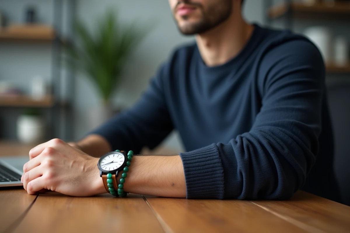 Poignet masculin avec montre cadran blanc et bracelet en pierres naturelles vertes, style minimaliste bureau maison