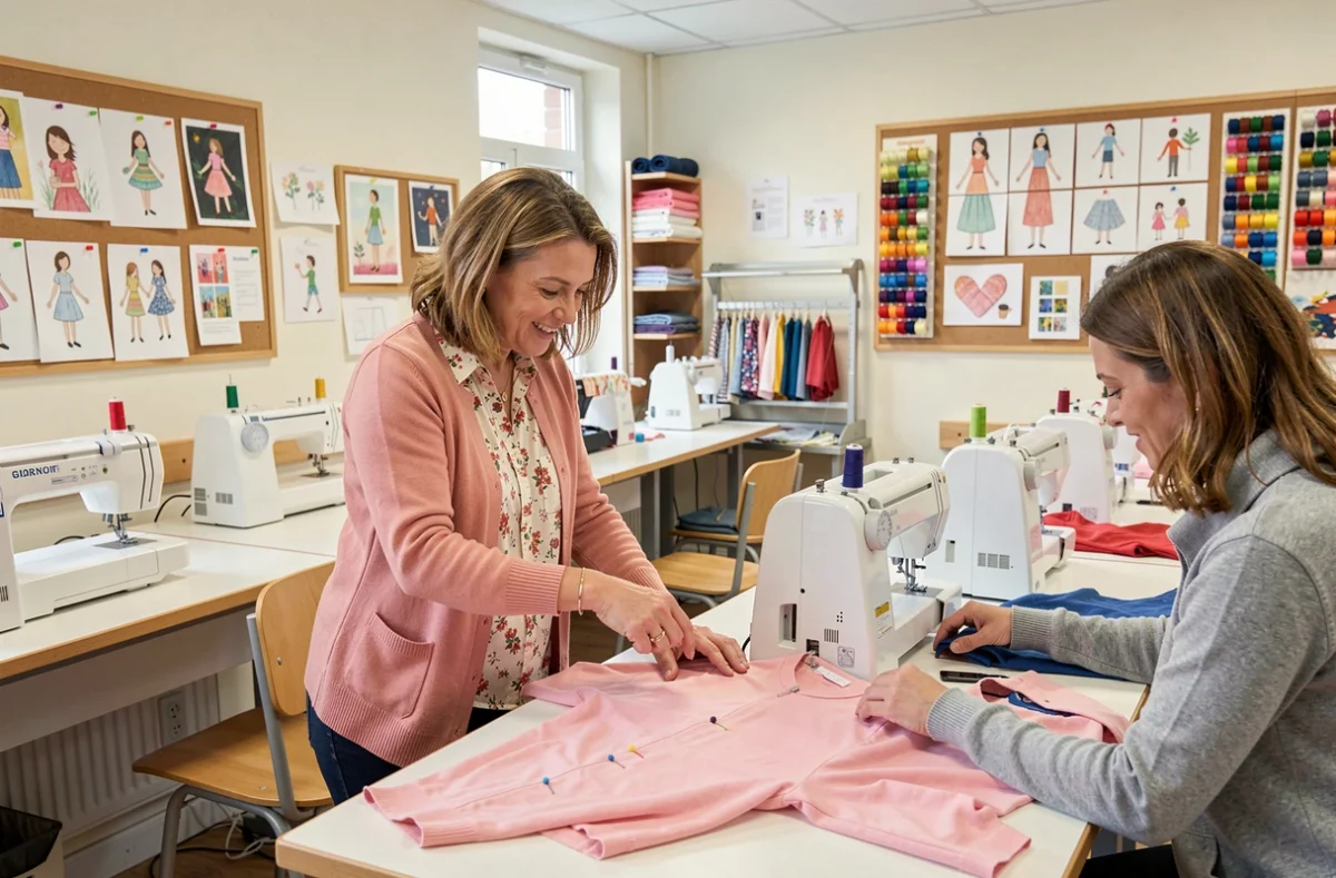Instructrice de couture montrant une technique de retouche à des élèves dans l'atelier C3C Couture en Gironde
