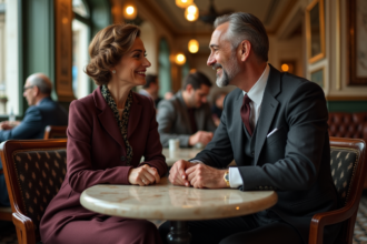 Femme et homme élégants dans un café parisien des années 1920