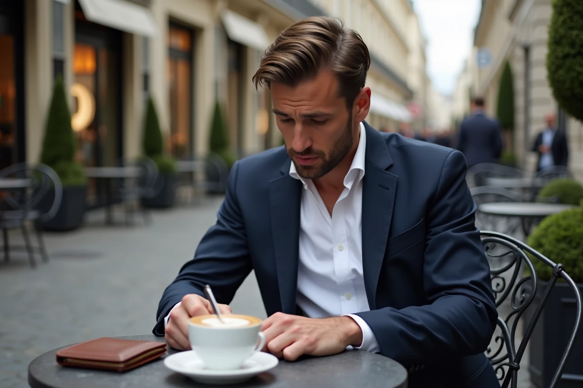 Homme élégant en blazer marine consultant une liste dans un café en terrasse sur l'Avenue Montaigne à Paris