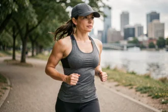 Femme portant une casquette de sport lors d'une session de course à pied en milieu urbain
