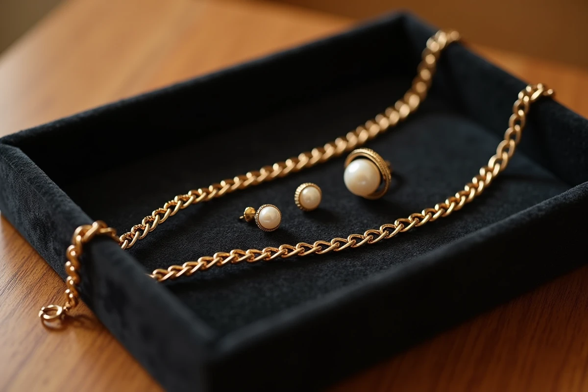Chaîne pour téléphone portable dorée présentée sur un plateau en velours noir avec des bijoux élégants en vue flat lay