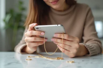 Femme admirant une chaîne pour téléphone portable en or posée sur un bureau en marbre blanc avec des bijoux éparpillés