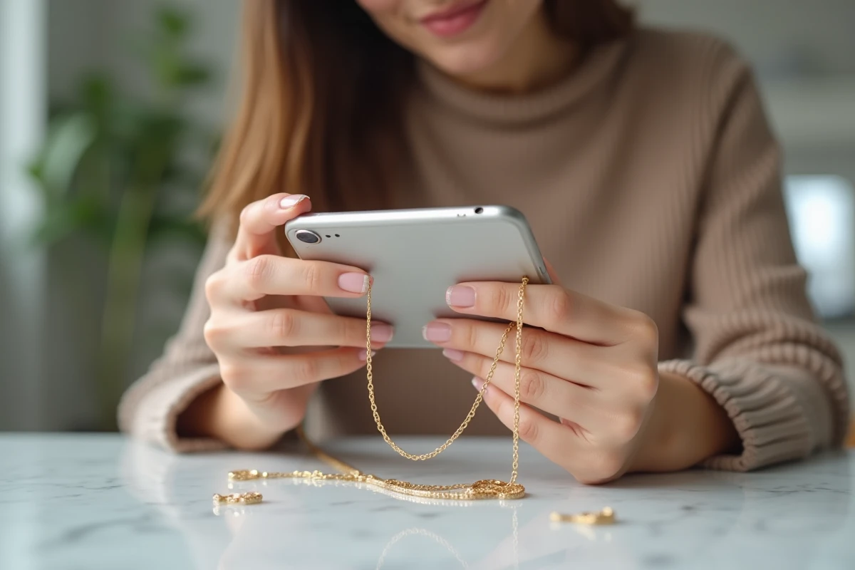 Femme admirant une chaîne pour téléphone portable en or posée sur un bureau en marbre blanc avec des bijoux éparpillés