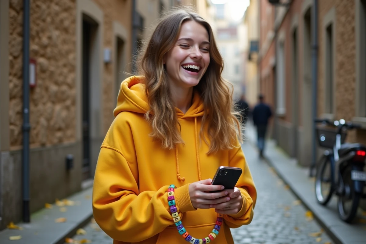 Adolescente souriante portant une chaîne de téléphone personnalisée avec des perles colorées autour du poignet dans une rue pavée
