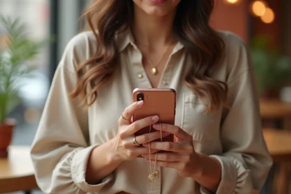 Jeune femme tenant son smartphone avec une chaîne de téléphone personnalisée dorée et un pendentif lettre dans un café urbain