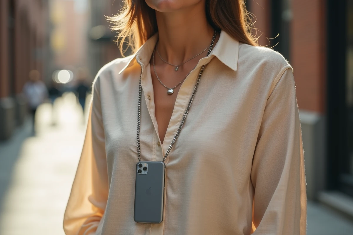 Femme portant une chaîne de téléphone portable en argent autour du cou dans une rue urbaine tendance