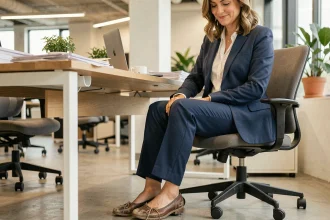 Femme en bureau portant des chaussures usées et peu élégantes malgré une tenue professionnelle soignée