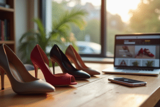 Assortiment de chaussures élégantes sur un bureau avec ordinateur