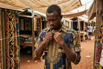 Homme examinant la qualité d'une chemise africaine wax dans un marché textile à Dakar