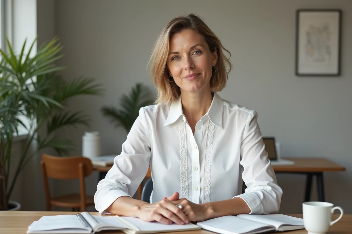 Femme en chemisier blanc en coton brodé assise à un bureau en bois dans un bureau à domicile minimaliste