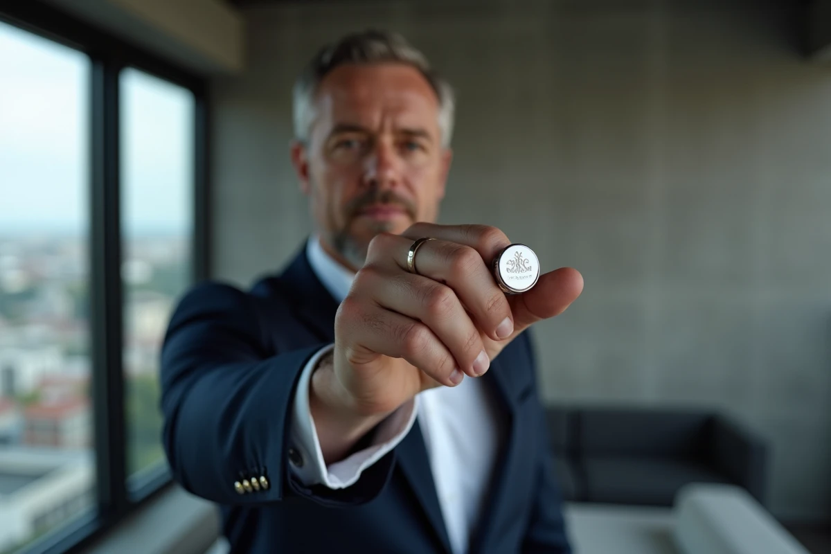 Homme en veste marine portant une chevalière en argent massif à monogramme dans un intérieur urbain contemporain au style minimaliste