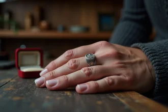 Chevalière en argent massif avec blason familial gravé portée sur la main d'un homme posée sur une table en chêne dans un atelier de bijouterie