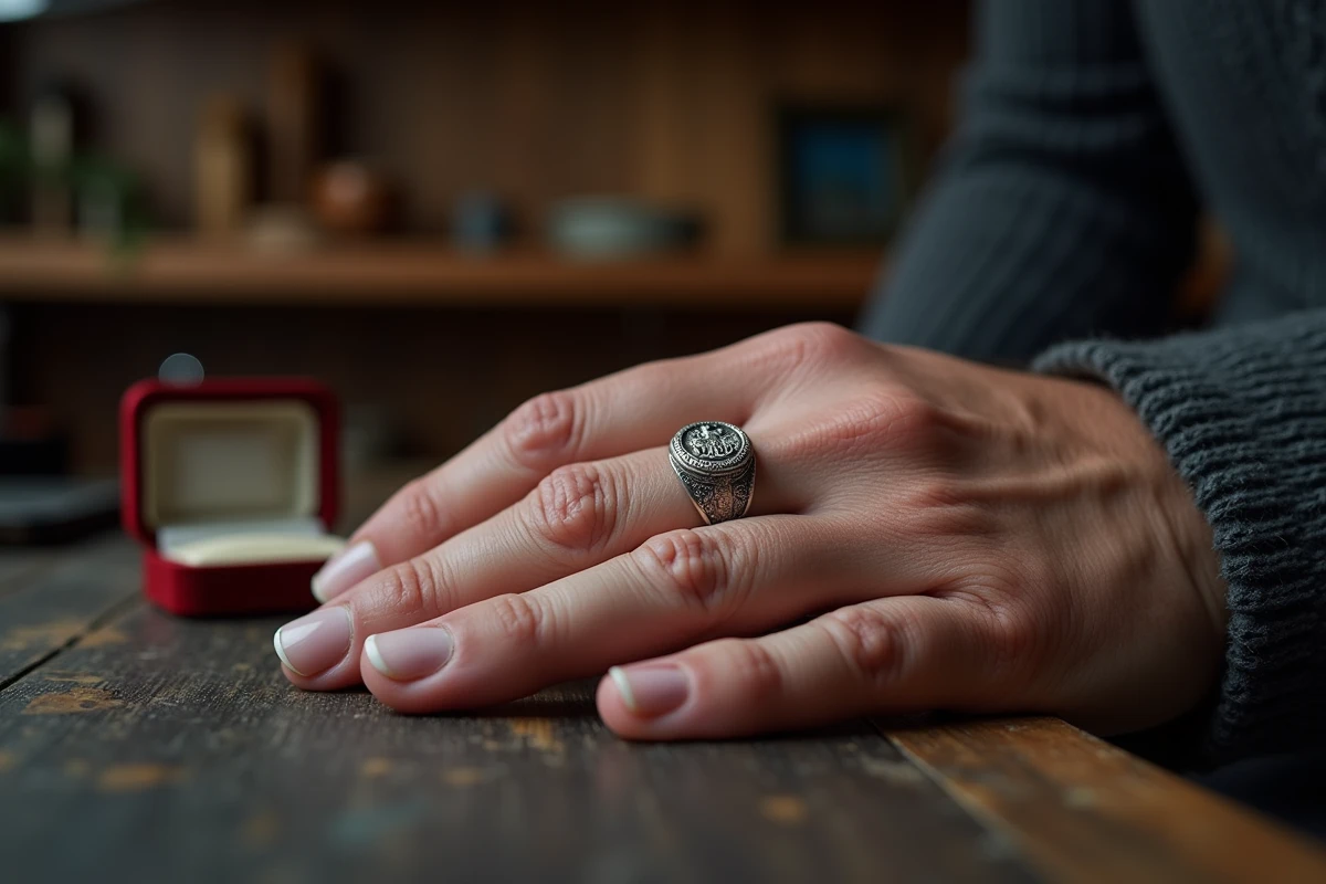 Chevalière en argent massif avec blason familial gravé portée sur la main d'un homme posée sur une table en chêne dans un atelier de bijouterie