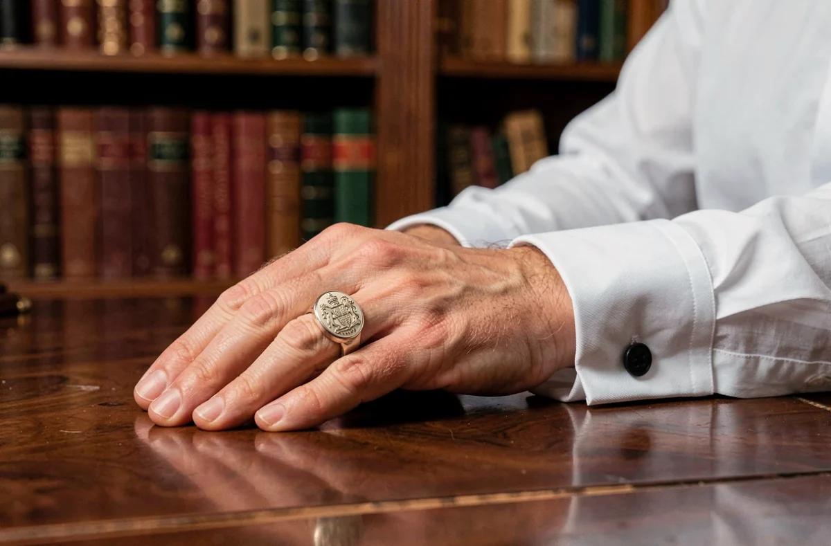 Chevalière en or blanc sur la main d'un homme élégant posée sur un bureau en acajou, gravée d'un blason familial