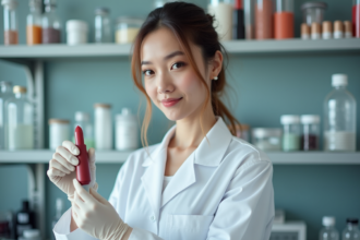 Jeune chimiste en laboratoire examinant un rouge à lèvres