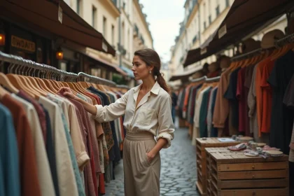 Femme chinant des vêtements vintage dans un marché aux puces en plein air à Paris, entre des portants chargés de friperie