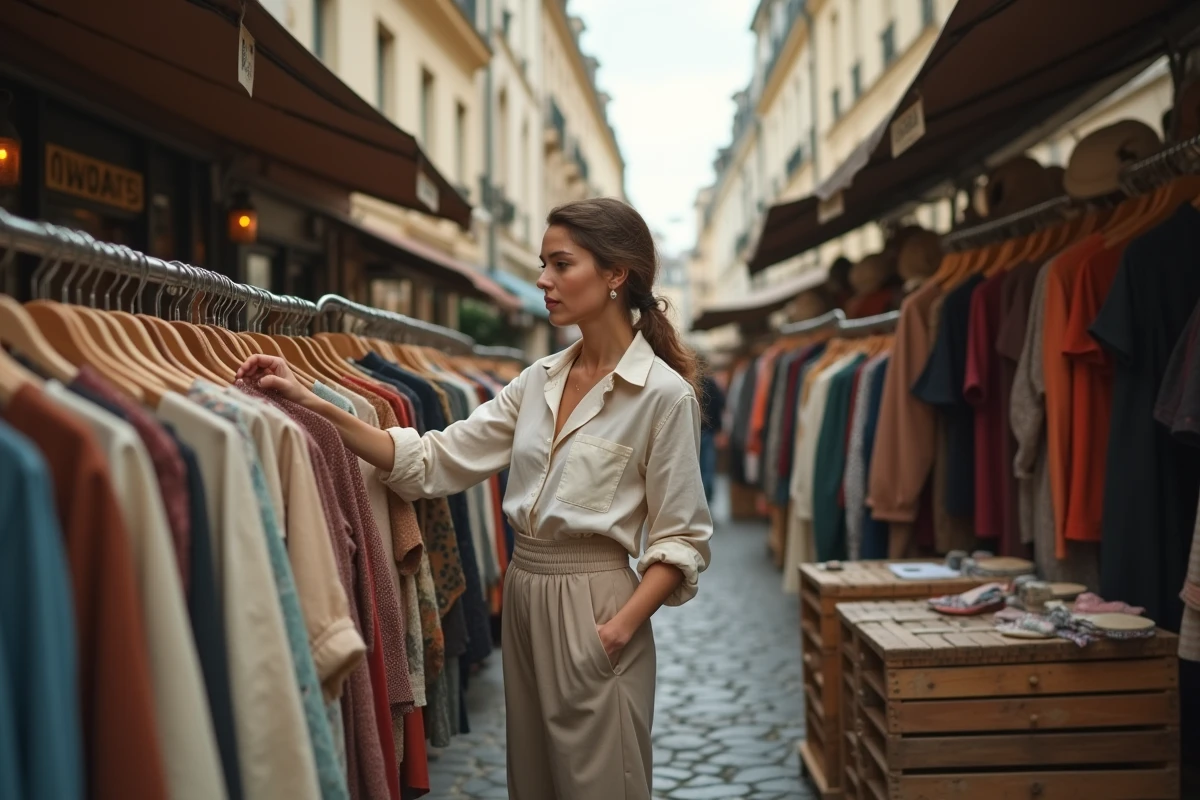 Femme chinant des vêtements vintage dans un marché aux puces en plein air à Paris, entre des portants chargés de friperie