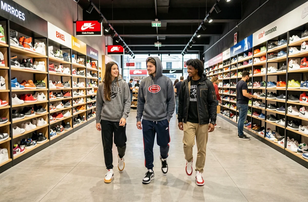 Groupe de jeunes clients parcourant les larges rayons de sneakers de Citadium au cœur de Marseille dans un espace commercial animé