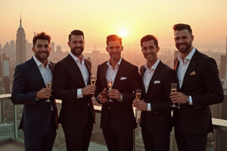 Célébrités élégantes célébrant sur un rooftop avec vue urbaine
