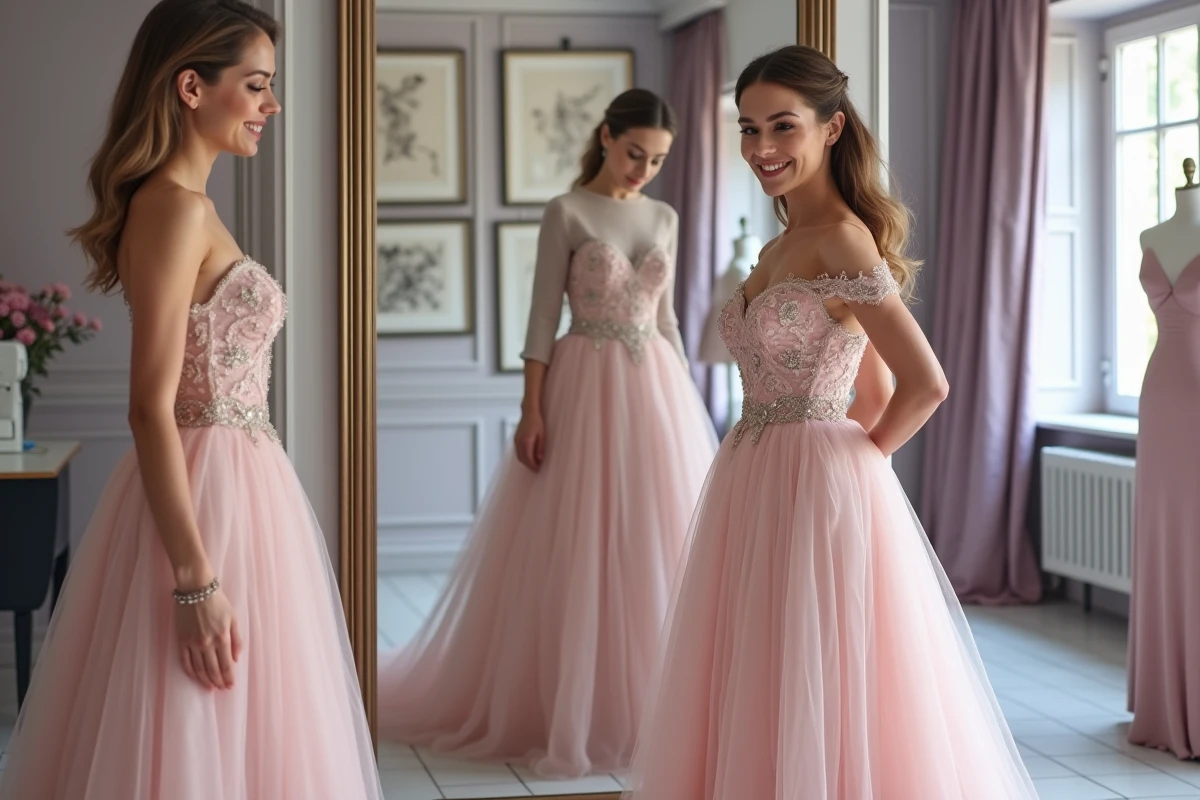 Jeune femme souriante devant miroir dans boutique couture